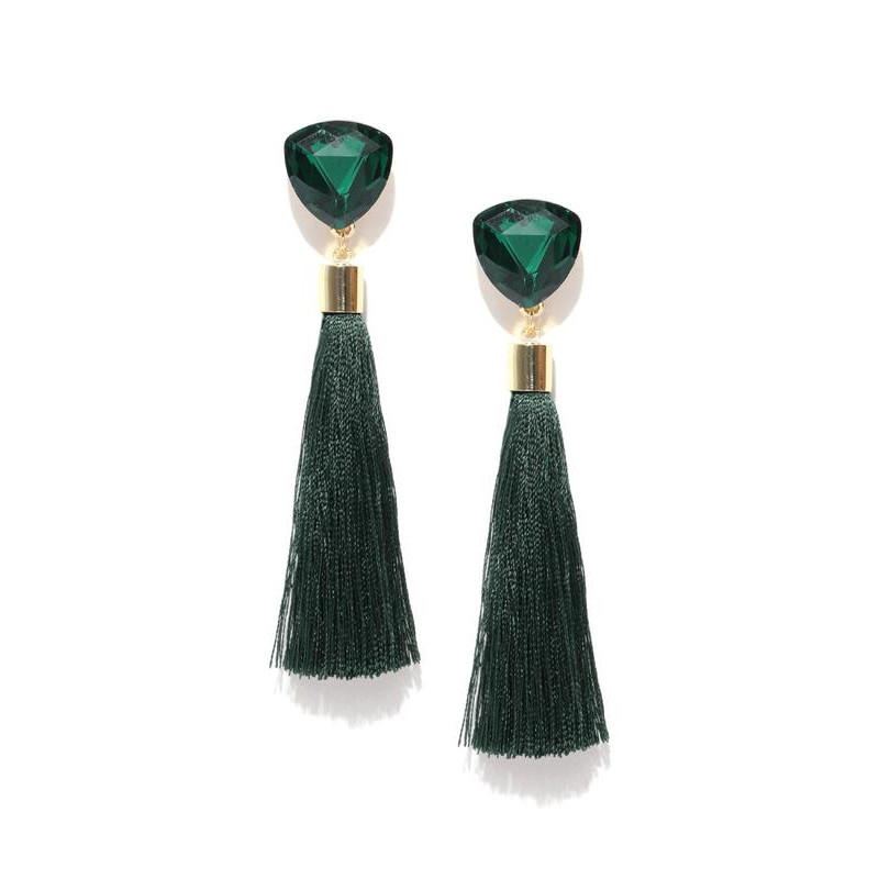 Gold Plated Designer Green Geometrical Tassel Earrings 9701