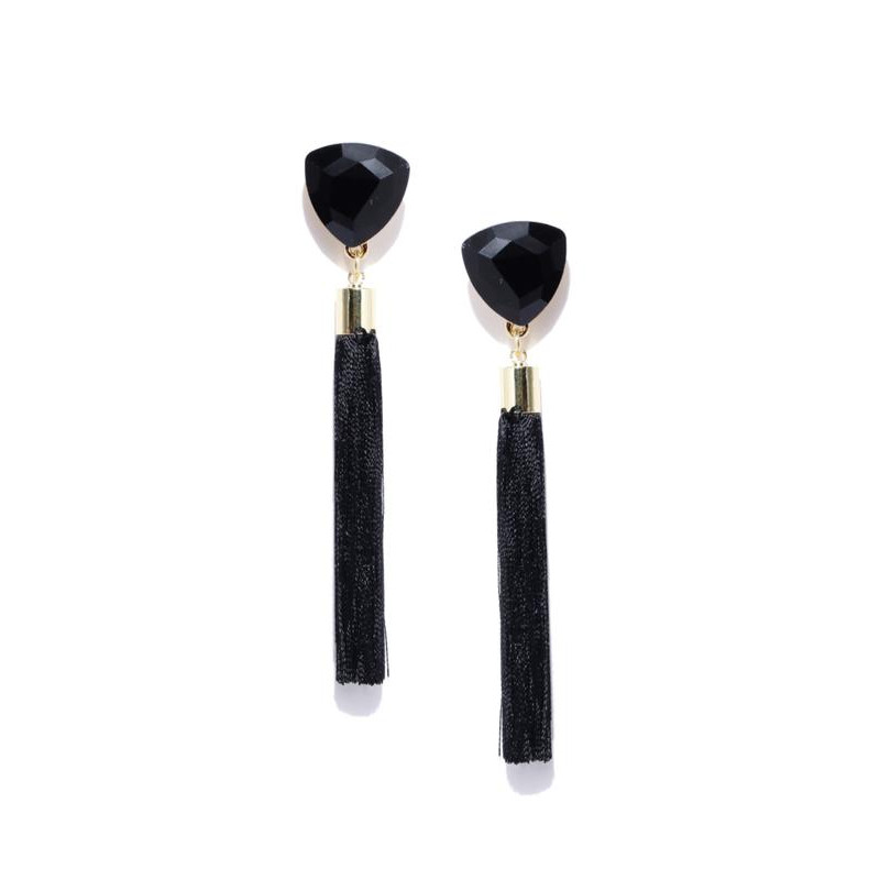 Gold Plated Designer Black Geometrical Tassel Earrings 9703