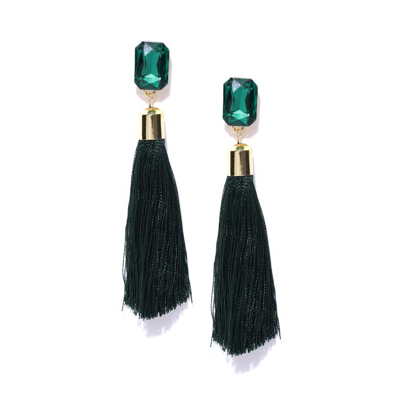 Gold Plated Designer Green Geometrical Tassel Earrings 9712