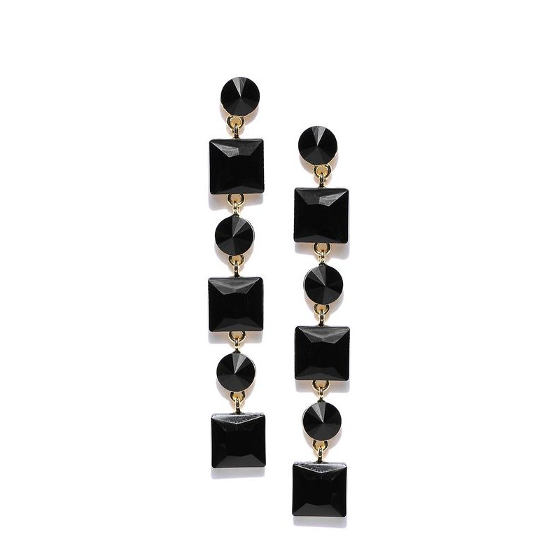 Black Gold-Plated Stone-Studded Geometric Drop Earrings 9837