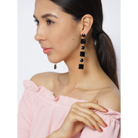 Black Gold-Plated Stone-Studded Geometric Drop Earrings 9837