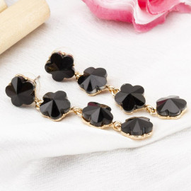 Black Gold-Plated Stone-Studded Floral Drop Earrings 9841