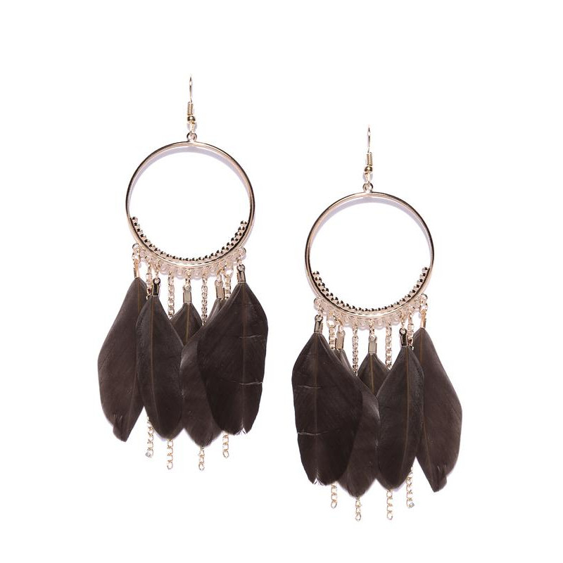 Brown Gold-Plated Feather Shaped Drop Earrings 9851