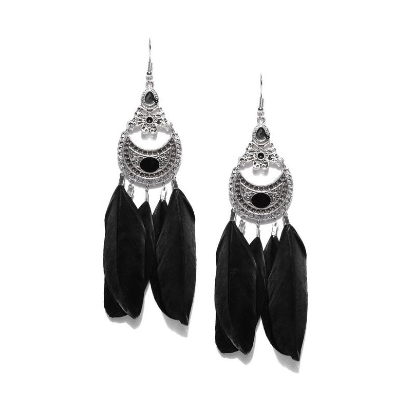 Oxidised Silver-Plated & Black Feather Shaped Drop Earrings 9865