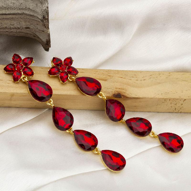 Gold-Plated Red Stone-Studded Teardrop Shaped Drop Earrings 9872