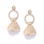 Arihant Beige & Gold-Toned Handcrafted Tasselled Circular Drop Earrings 9878