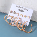 Arihant Gold Plated Contemporary Stars and Moon Studs and Hoop Earrings Set of 6