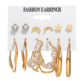 Arihant Gold Plated Contemporary Stars and Moon Studs and Hoop Earrings Set of 6