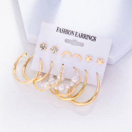 Arihant Gold Plated Contemporary Stars and Moon Studs and Hoop Earrings Set of 6