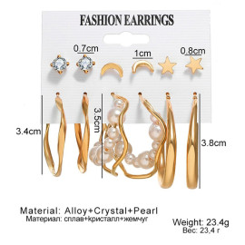 Arihant Gold Plated Contemporary Stars and Moon Studs and Hoop Earrings Set of 6