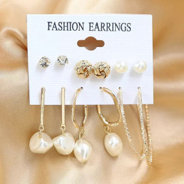 Arihant Gold Plated Gold-Toned White Studs, Hoops and Drop Earrings Set of 6