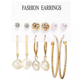 Arihant Gold Plated Gold-Toned White Studs, Hoops and Drop Earrings Set of 6