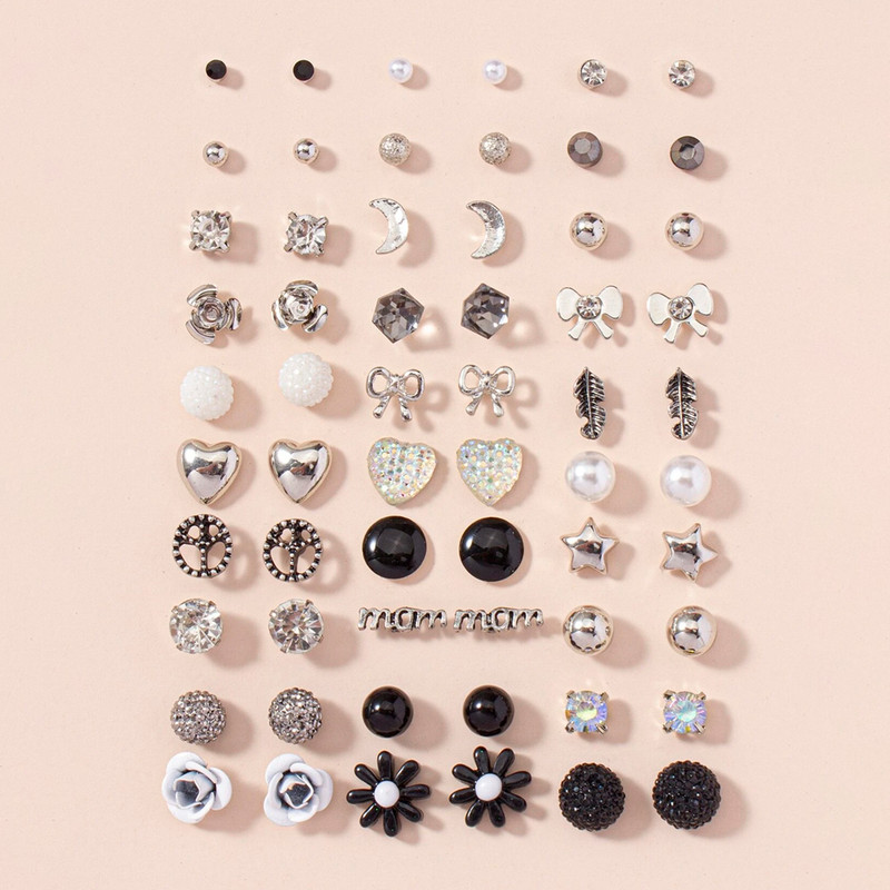 Arihant Jewellery For Women Silver Plated Black & White Studs Combo of 30 Pair