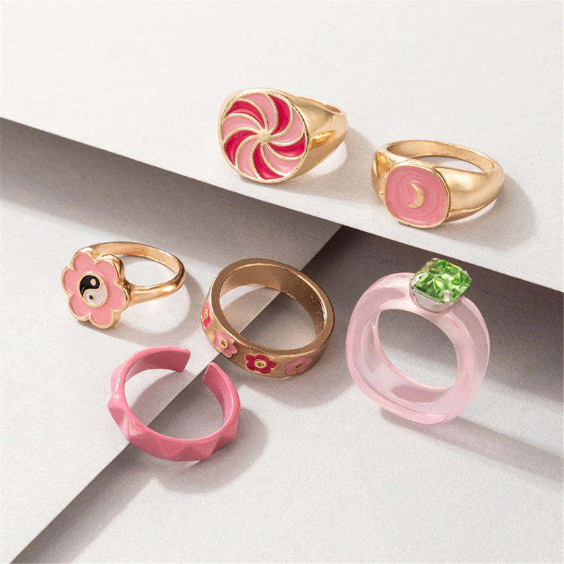 Arihant Jewellery For Women Gold Plated Pink Rings Set of 6