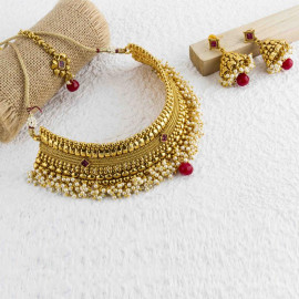 Arihant Ruby-Pearl Antique Necklace Set with Maang Tika 12467