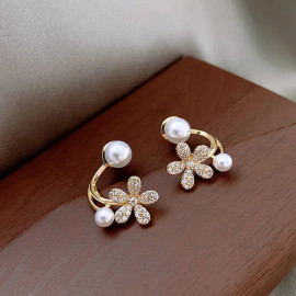 Arihant Gold Plated Korean Floral Pearl Studded Stud Earrings