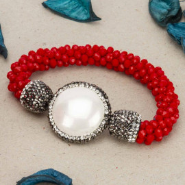 Arihant Red & Off-White Beaded & Stone-Studded Elasticated Bracelet 17166