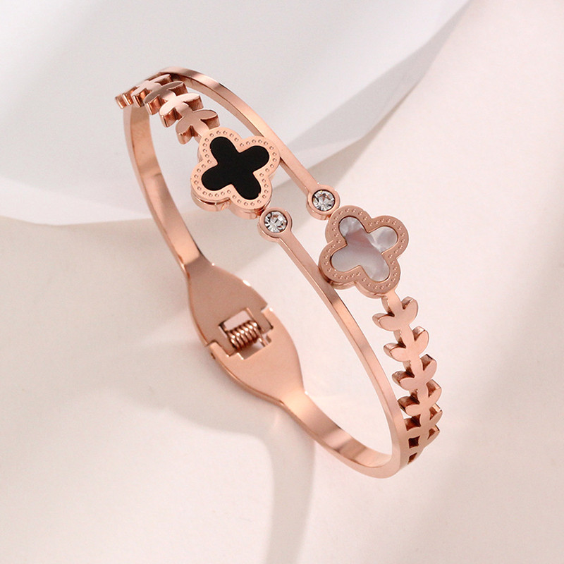 Arihant Stainless Steel Rose Gold Plated Mother Of Pearls Two Clover Leaf Irish Design Bracelet