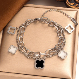 Arihant Stainless Steel Silver Plated Mother Of Pearls Clover inspired Irish Design Wraparound Bracelet