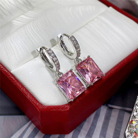 Arihant Silver Plated Pink Rectangular American Diamond Studded Crushed Ice Cut Drop Earrings