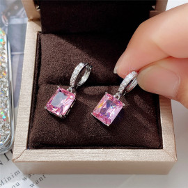 Arihant Silver Plated Pink Rectangular American Diamond Studded Crushed Ice Cut Drop Earrings