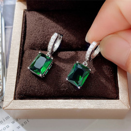 Arihant Silver Plated Green Rectangular American Diamond Studded Crushed Ice Cut Drop Earrings