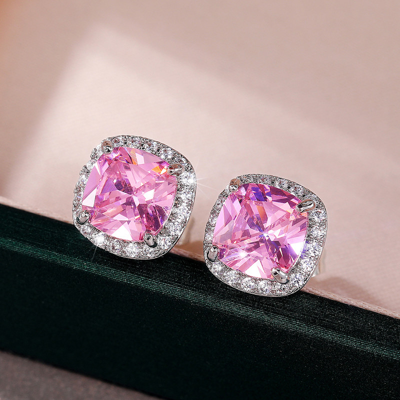 Arihant Silver Plated American Diamond Studded Pink Square Crushed Ice Cut Stud Earrings