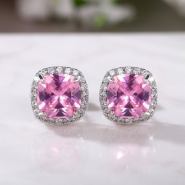 Arihant Silver Plated American Diamond Studded Pink Square Crushed Ice Cut Stud Earrings