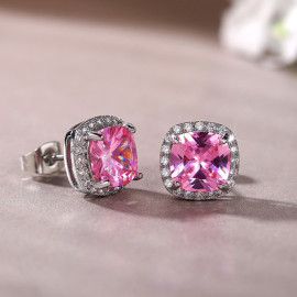 Arihant Silver Plated American Diamond Studded Pink Square Crushed Ice Cut Stud Earrings