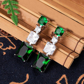 Arihant Silver Plated American Diamond Studded Green Geometrical Crushed Ice Cut Drop Earrings