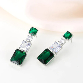 Arihant Silver Plated American Diamond Studded Green Geometrical Crushed Ice Cut Drop Earrings