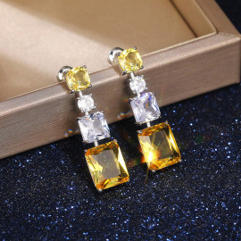 Arihant Silver Plated AD Studded Yellow Geometrical Crushed Ice Cut Drop Earrings