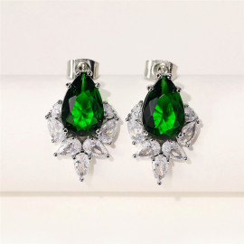 Arihant Silver Plated American Diamond Studded Green Crushed Ice Cut Drop Earrings