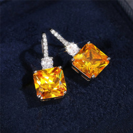 Arihant Silver Plated AD Studded Yellow Square Shape Crushed Ice Cut Hanging Earrings