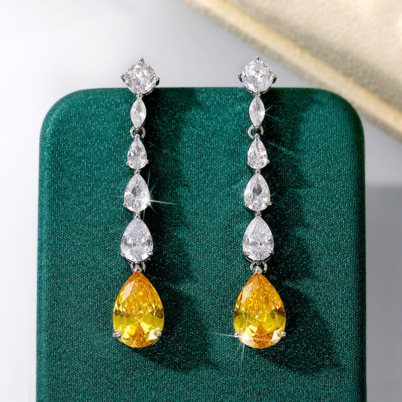 Arihant Silver Plated AD Studded Yellow Teardrop Shape Crushed Ice Cut Drop Earrings