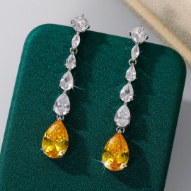 Arihant Silver Plated AD Studded Yellow Teardrop Shape Crushed Ice Cut Drop Earrings