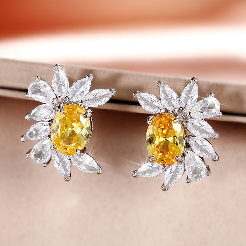 Arihant Silver Plated American Diamond Studded Yellow Crushed Ice Cut Stud Earrings