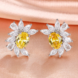 Arihant Silver Plated American Diamond Studded Yellow Crushed Ice Cut Stud Earrings