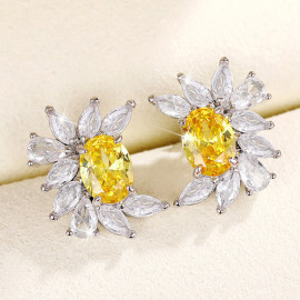 Arihant Silver Plated American Diamond Studded Yellow Crushed Ice Cut Stud Earrings