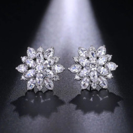 Arihant Silver Plated American Diamond Studded Floral Silver Stud Earrings