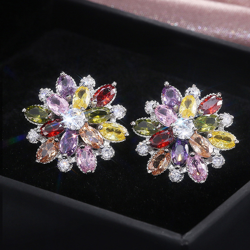 Arihant Silver Plated American Diamond Studded Floral Multicolor Stud Earrings