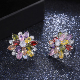 Arihant Silver Plated American Diamond Studded Floral Multicolor Stud Earrings