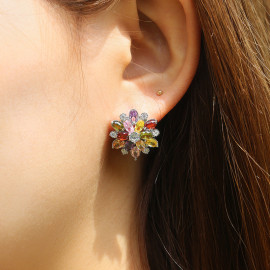 Arihant Silver Plated American Diamond Studded Floral Multicolor Stud Earrings