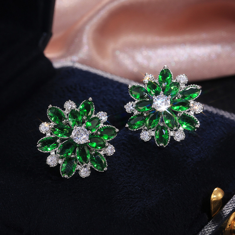 Arihant Silver Plated American Diamond Studded Floral Green Stud Earrings