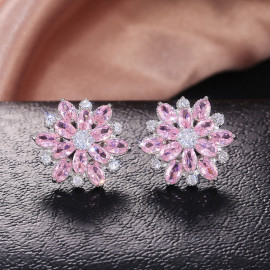 Arihant Silver Plated American Diamond Studded Floral Pink Stud Earrings