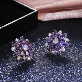 Arihant Silver Plated American Diamond Studded Floral Purple Stud Earrings