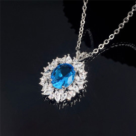 Arihant Silver Plated American Diamond Studded Blue Oval Shape Contemporary Pendant