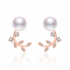 Arihant Rose Gold Plated American Diamond Studded Pearl Leaf Korean Stud Earrings