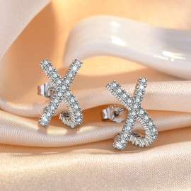 Arihant Silver Plated American Diamond Studded Cross Shape Korean Stud Earrings