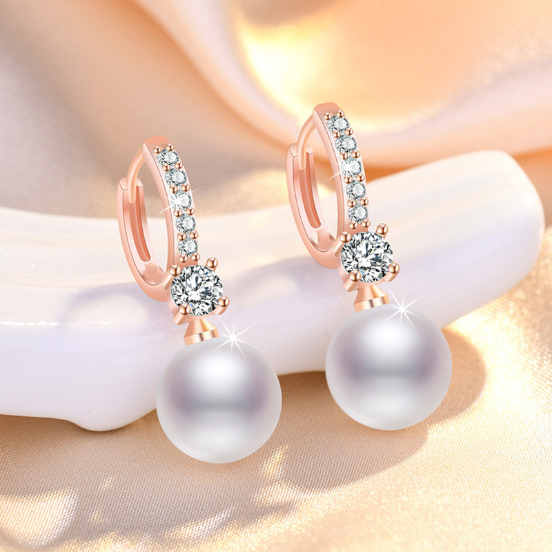 Arihant Rose Gold Plated American Diamond Studded Contemporary Pearl Korean Drop Earrings